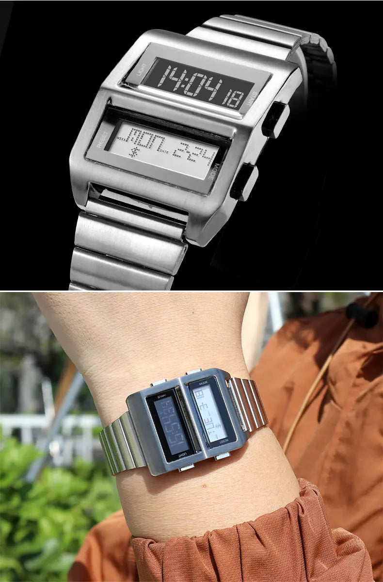 MEGIR Retro Cyberpunk Driver Electronic Watch for Men Sports Wristwatch with Electronic Movement Stainless Steel Strap 0324