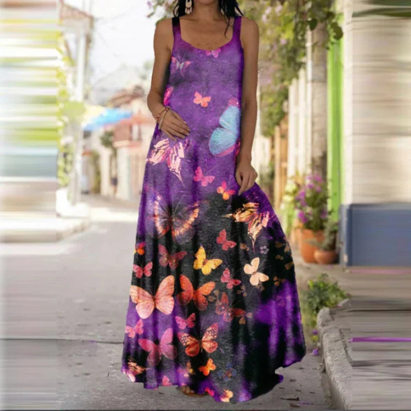 Women's Butterfly-Print Maxi Dress - Sleeveless, Casual Summer