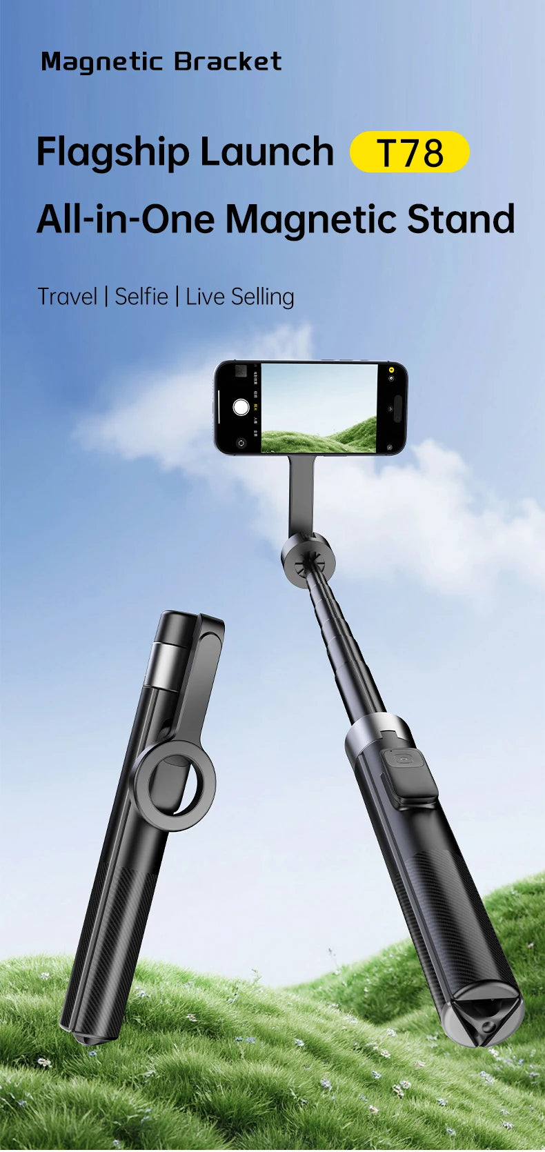 Double-side Magnetic Phone Selfie Stick with Remote Auto-Open 1.8m Extendable Tripod for iPhone 17 16 15 Pro Live Streaming Vlog