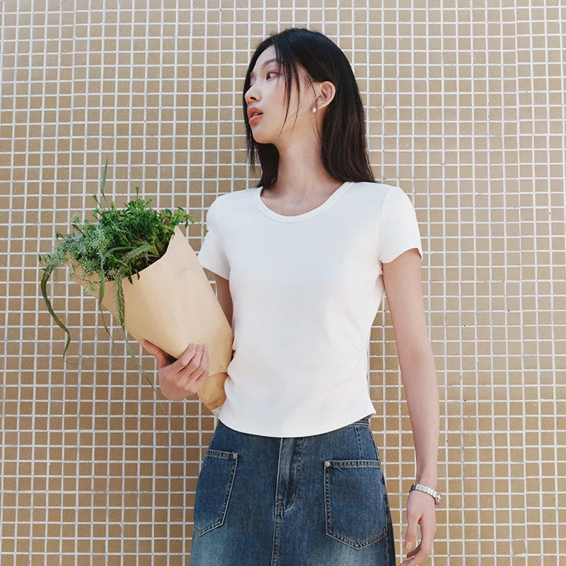 Semir Short Sleeve T-Shirt Women Cropped Slim Fit Shoulder Fit Design 2026 New Summer Embroidered Top Versatile for Chic Outfits