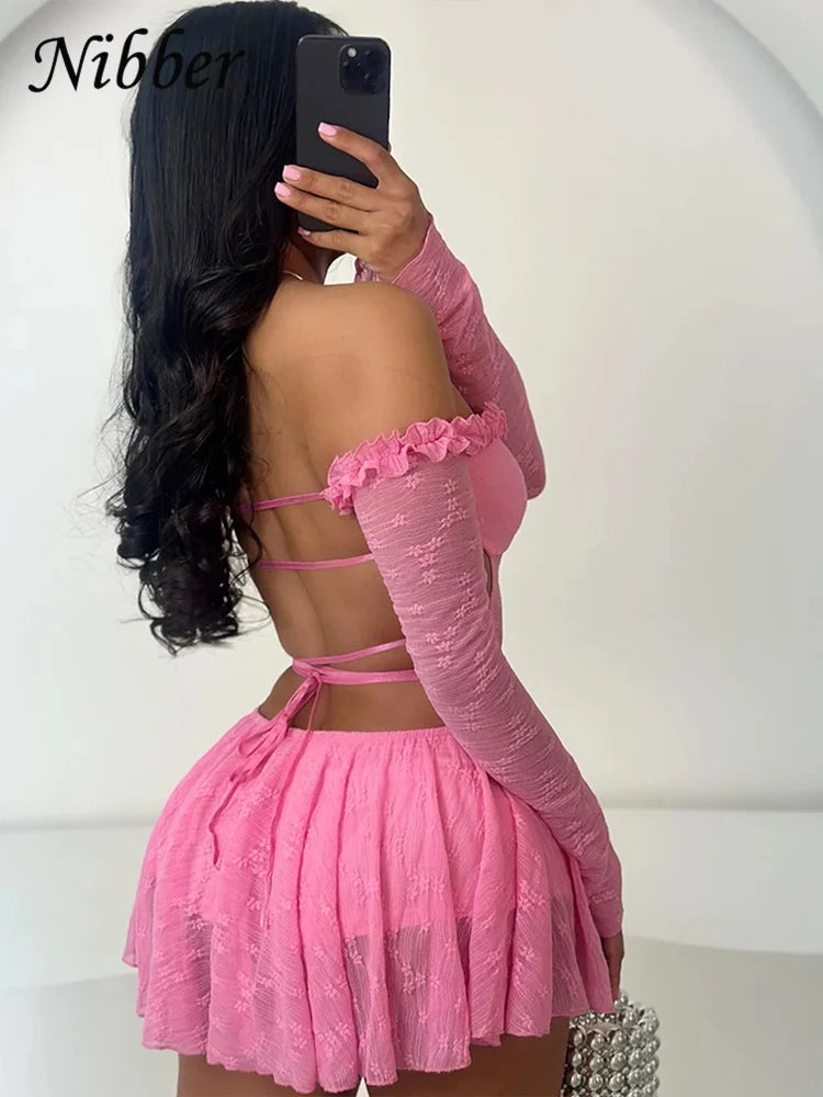 Nibber Slash Neck Backless Dress Sexy Fall Trend Women Thin Bandage Hollow Lace Birthday Party Stretch Jacquard Mini Bodycon
