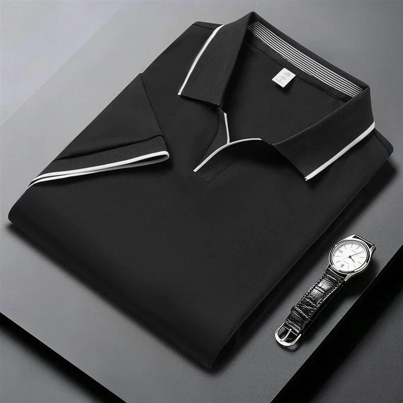 Men's Piping-Detail Polo - Soft Stretch, No-Button Placket
