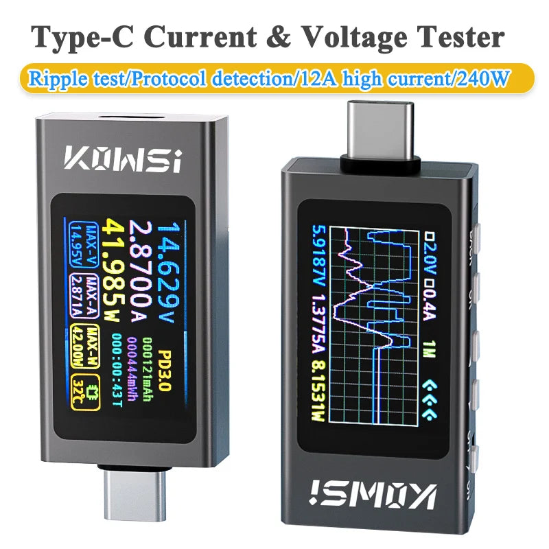 KWS-X1 4V-30V 12A Type C Tester Voltmeter Ammeter TYPE-C Fast Charge Detection Trigger Capacity Measurement Ripple Measurement
