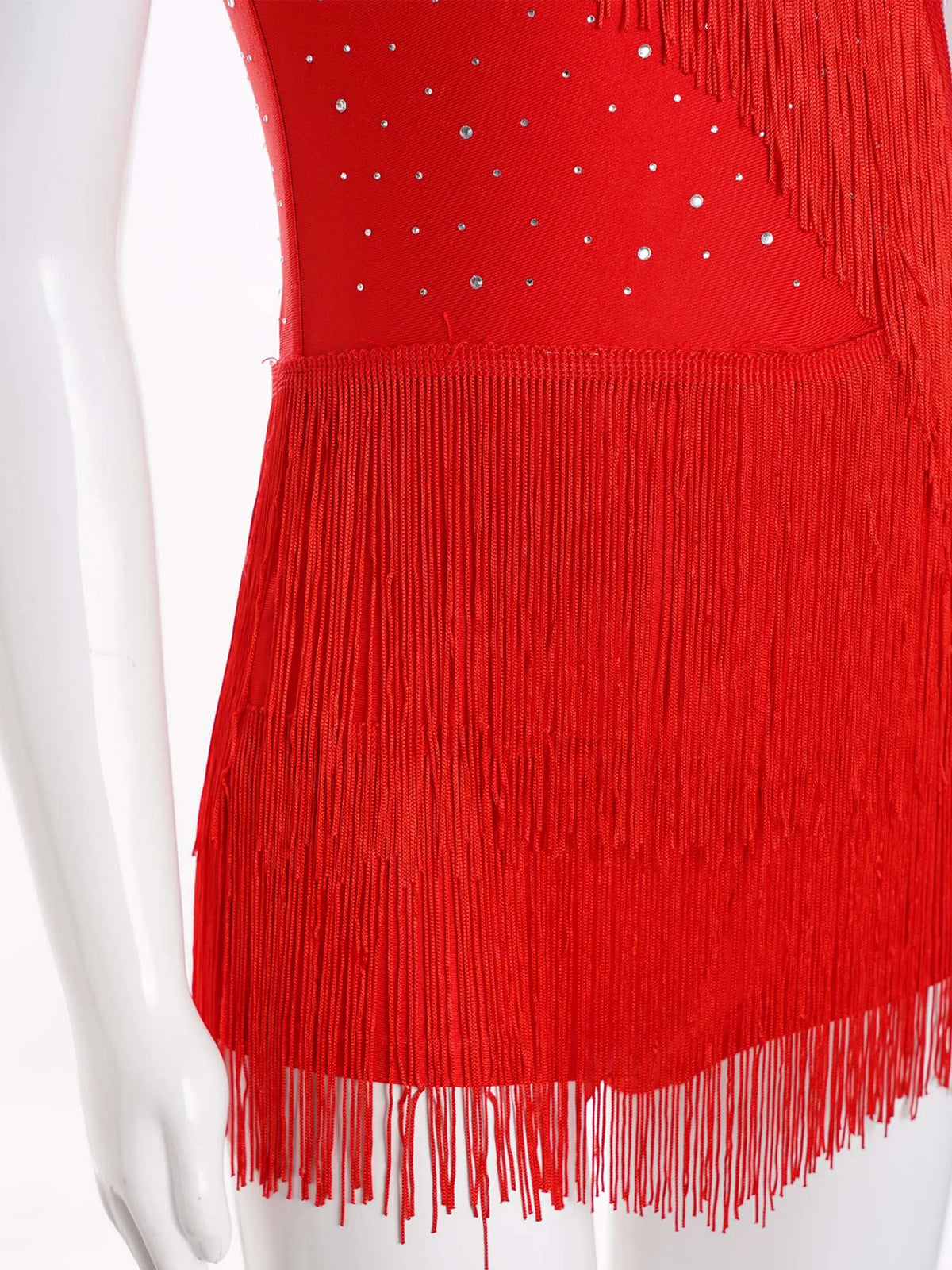 Girls rhinestone fringe Latin leotard dress