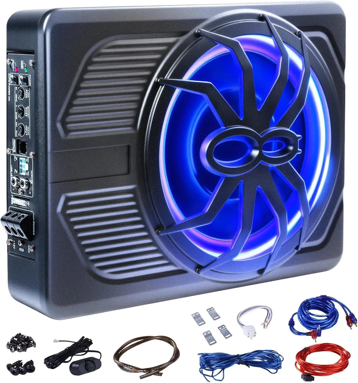 1000W 10" Slim Under Seat Subwoofer Spider Style Powered Bass Speaker with Amplifier Blue Light for Car Truck SUV