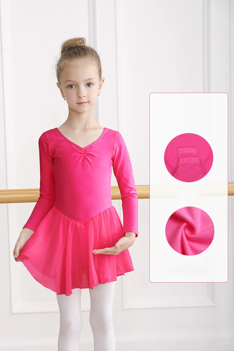 Girl Ballet Leotard with Chiffon Tulle Skirt Kids Bowknot Lyrical Dance Dress Short/Long Sleeve Bodysuit Back Bow Tie Dance Wear
