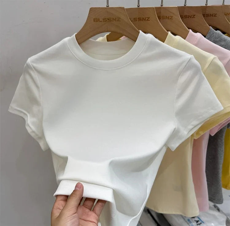 Zjaiss 2026 O-Neck Fashion T-Shirt Summer Sexy Basic Top Solid Short Sleeve Womens Tshirt Casual Korean Tee Streetwear