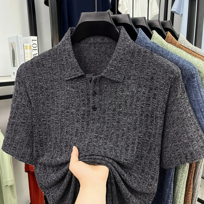 Men's Ribbed Knit Polo Tee - Soft Stretch, Three-Button Lapel