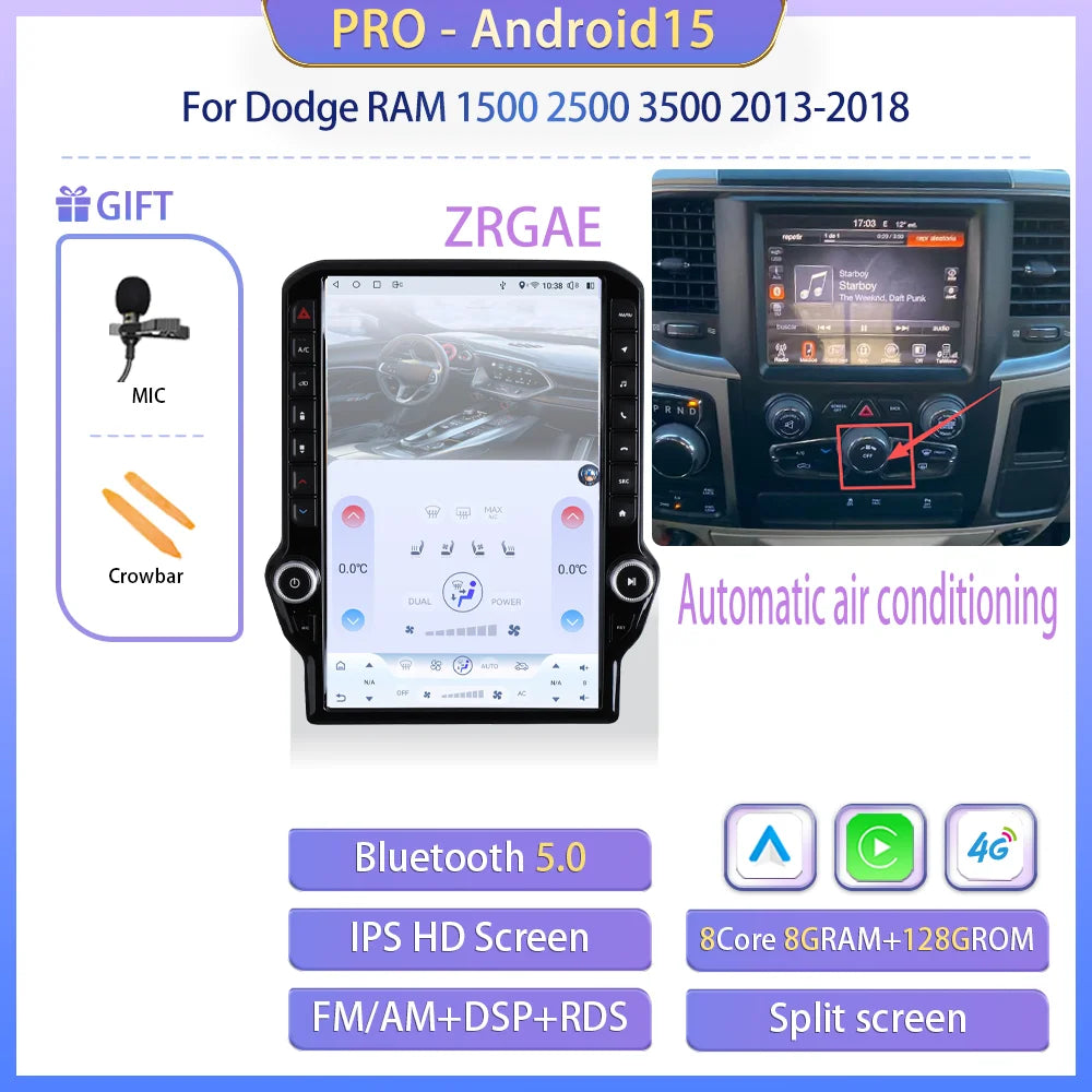 14.5" Android 15 Car radio multimedia player For Dodge RAM 1500 2500 3500 2013-2018 GPS Navigation Tesla Screen Wireless Carplay