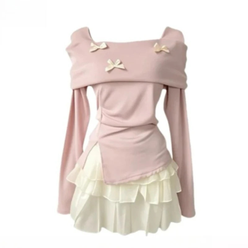 American Retro Two Piece Sets Women Gray Short Sleeve Henley Tops + Layered Ruffle Mini Skirts Harajuku Summer Lace Trim Outfits