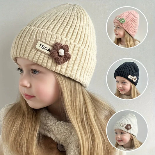 Baby Girl Flower Print Knit Beanie - Warm Infant Winter Hat