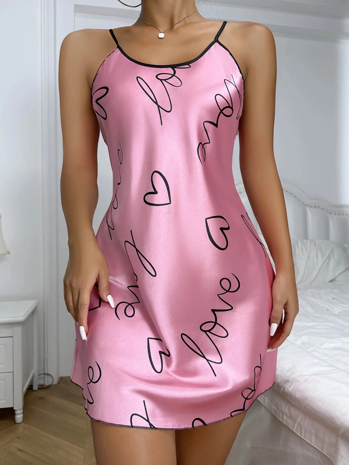 Women's Heart & Letter Print Nightdress – Sexy Sleeveless Satin Slip Sleepwear | S–XL (6 Colors)