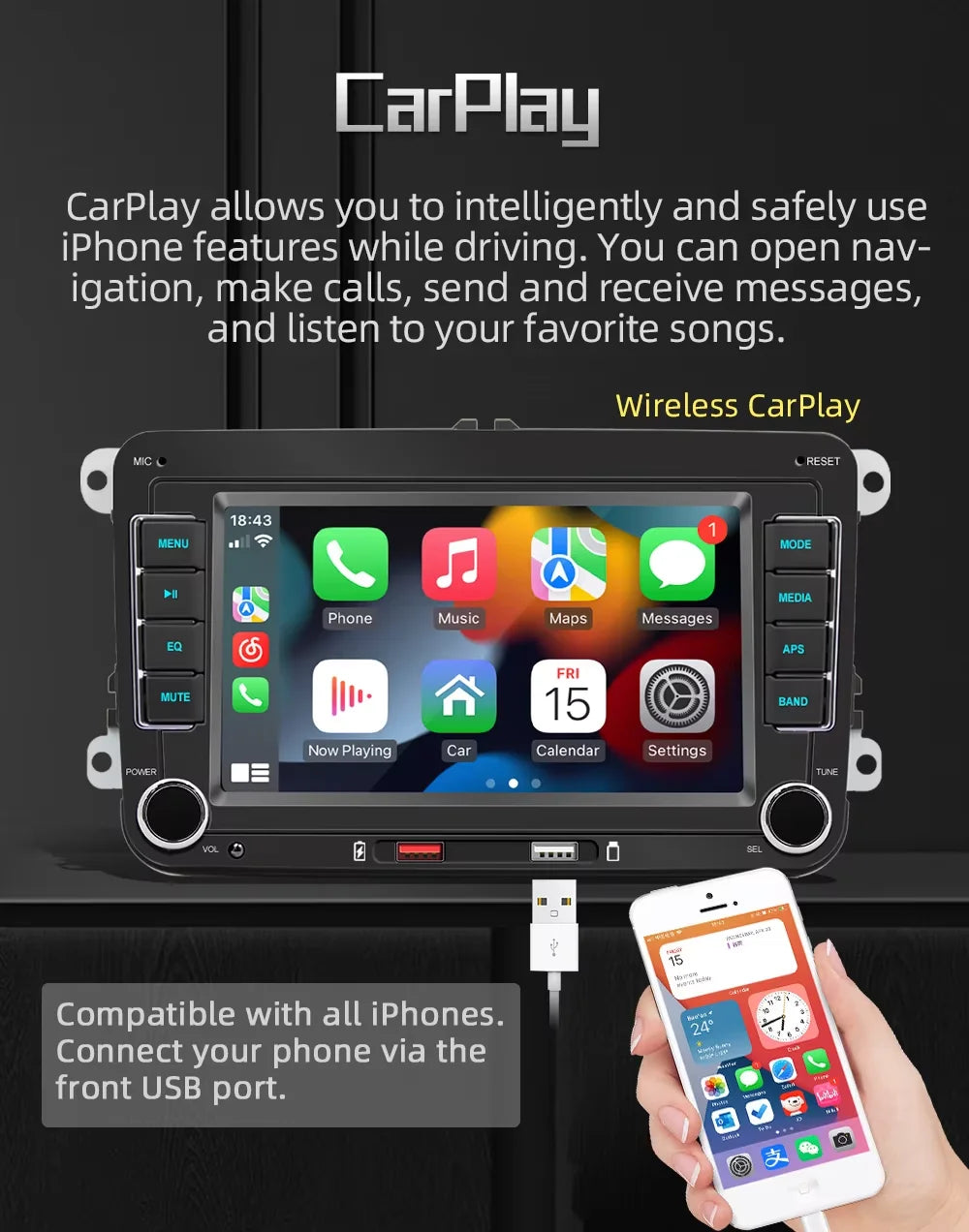 BQCC 7" 2-DIN Car Stereo — Wireless CarPlay, Android Auto, AirPlay & RDS for VW, SEAT, Skoda (Passat, Golf, Polo)