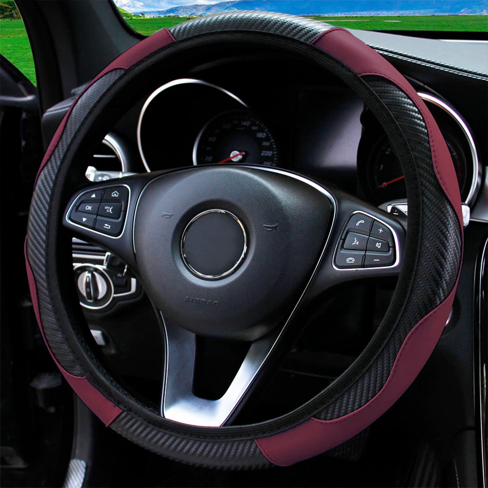Carbon Fiber PU Leather Steering Wheel Cover – Universal Fit 14.5–15 Inch | Anti-Slip Car Interior Accessory