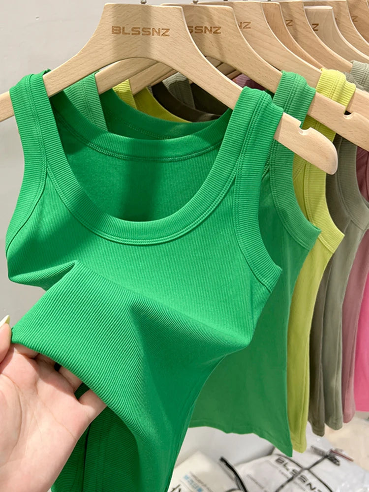 AOSSVIAO Women Solid Round Neck Ribbed Tank Top Camisole Women 2026 Summer Basic Elastic Tank Top O Neck Solid Tank Top