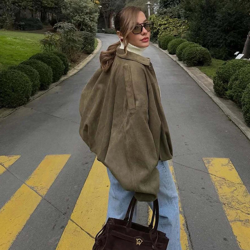 Women's Faux Suede Varsity Bomber Jacket - Oversized Padded Coat - photo 2