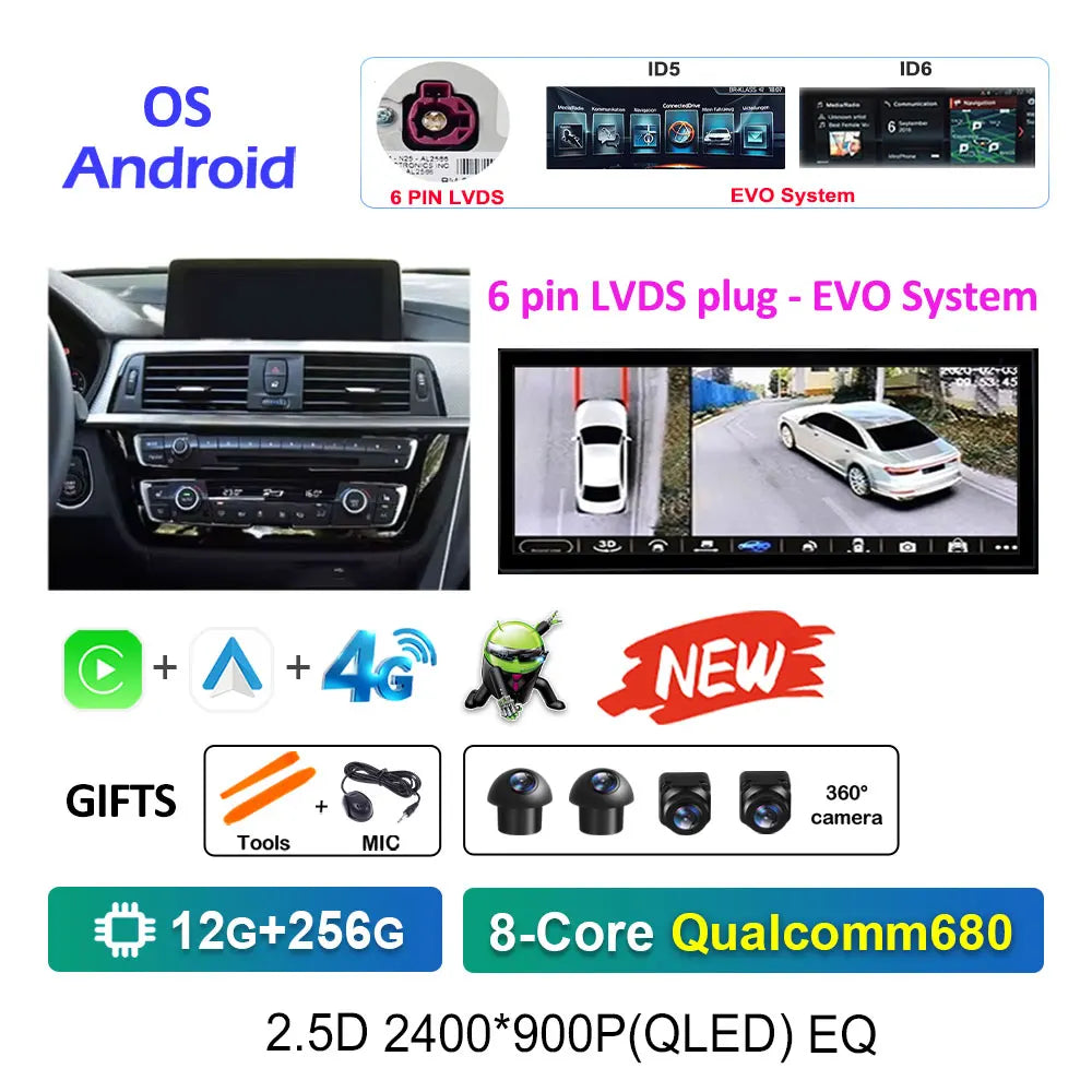 12.3" Android CarPlay Screen for BMW 3/4 Series F30 F31 F32 F33 F34 F36 (2013–2019) NBT/EVO — Android Auto, GPS, 4G