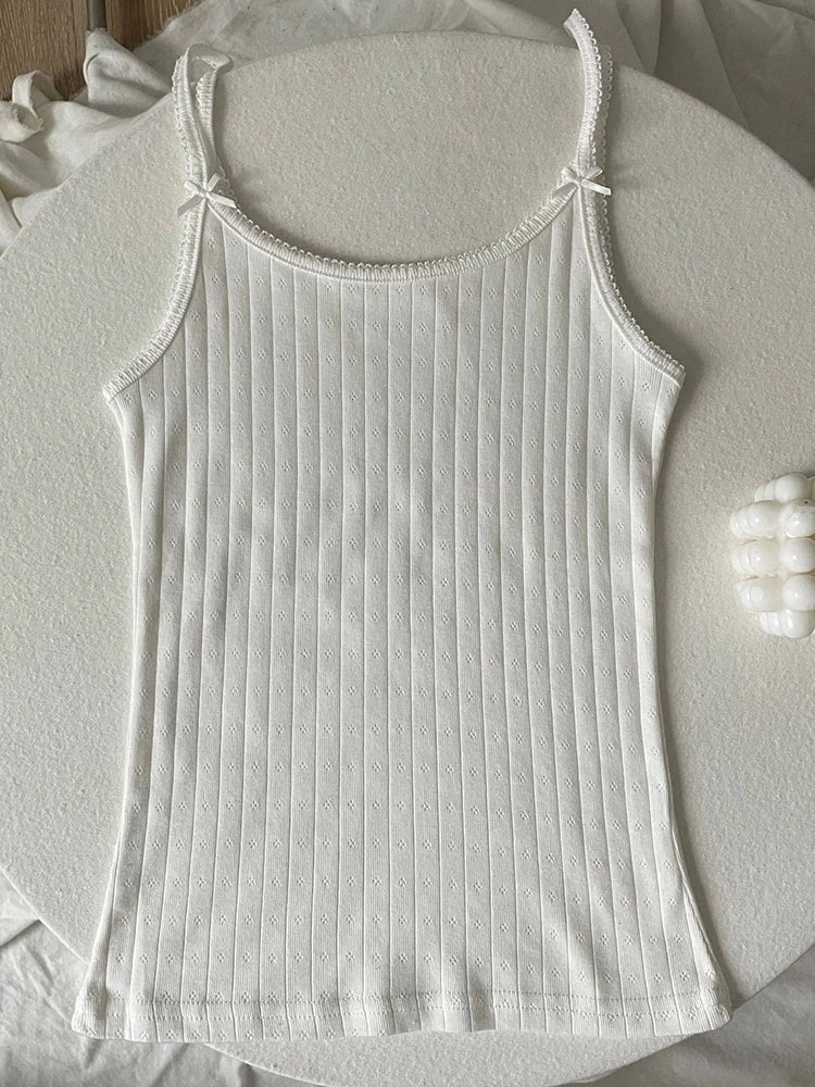 Bows Eyelet Sweet Slim Tank Top Women Lace Trim Cotton Sleeveless Summer Camis Vests Sweet Preppy Style Solid Crop Top Y2k