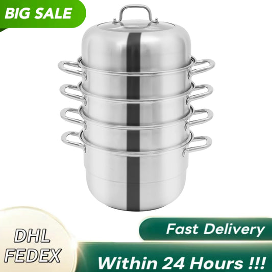 304 Stainless Steel Steamer Pot 2.38 Gallon Capacity 3-Tier Design with Steam Compartments for Cooking Soup