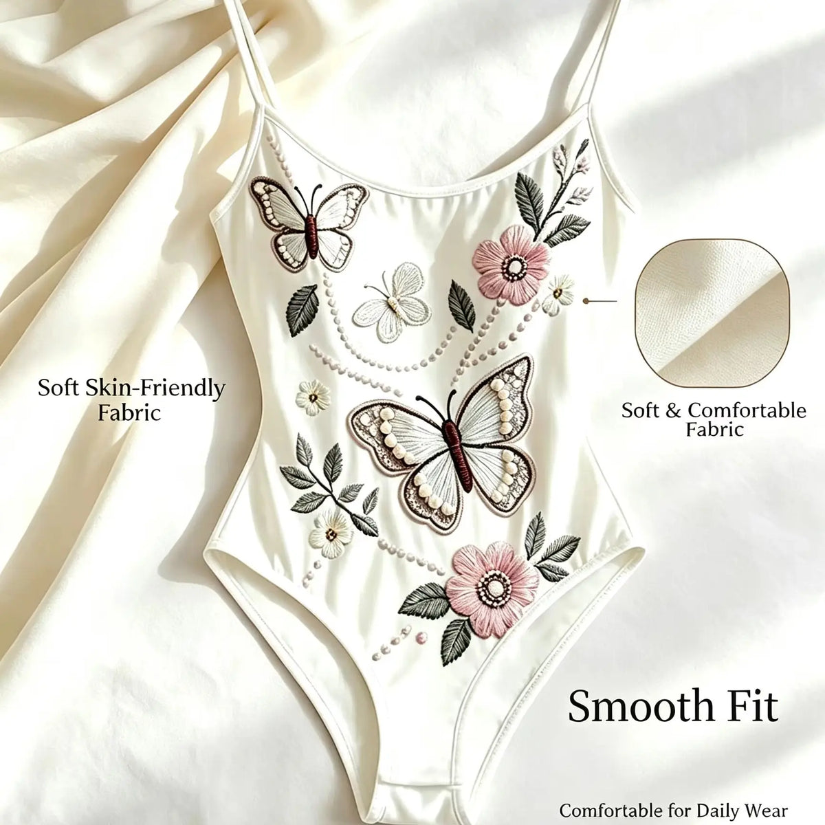 White Butterfly Floral Embroidery Bodysuit Women Spaghetti Strap Ballet Dancewear
