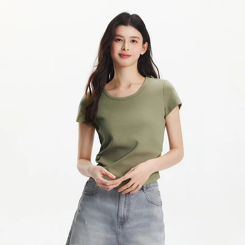 Semir Short Sleeve T-Shirt Women Cropped Slim Fit Shoulder Fit Design 2026 New Summer Embroidered Top Versatile for Chic Outfits