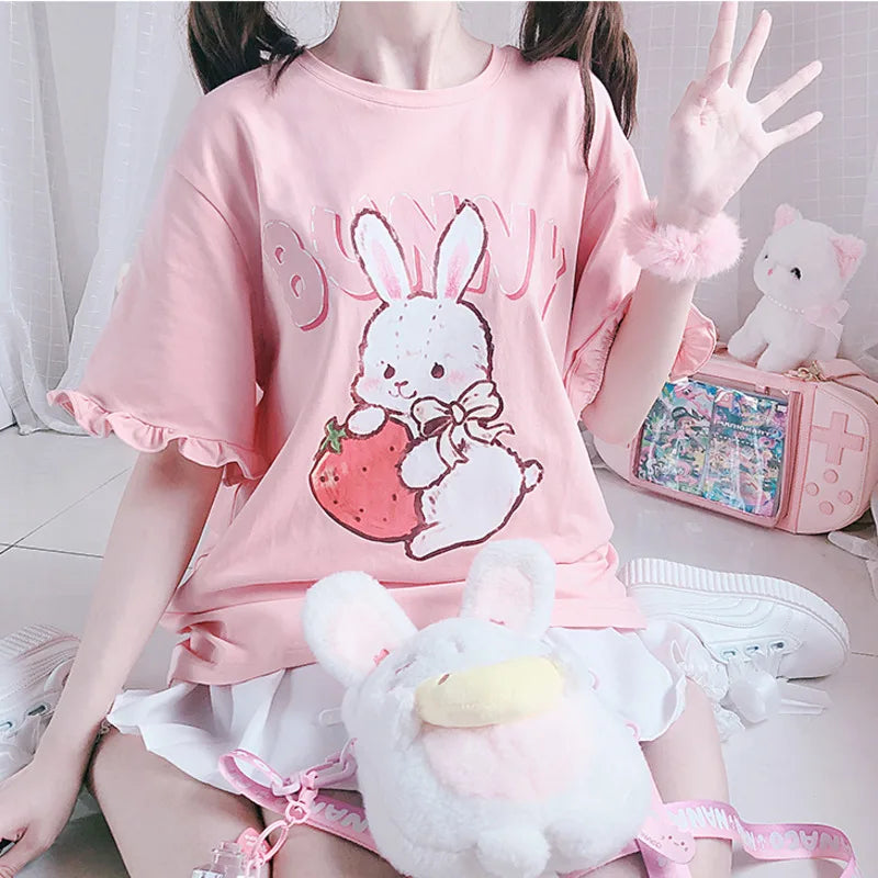 Women's Cute Cartoon-Print Ruffle T-Shirt — Kawaii Short-Sleeve Top