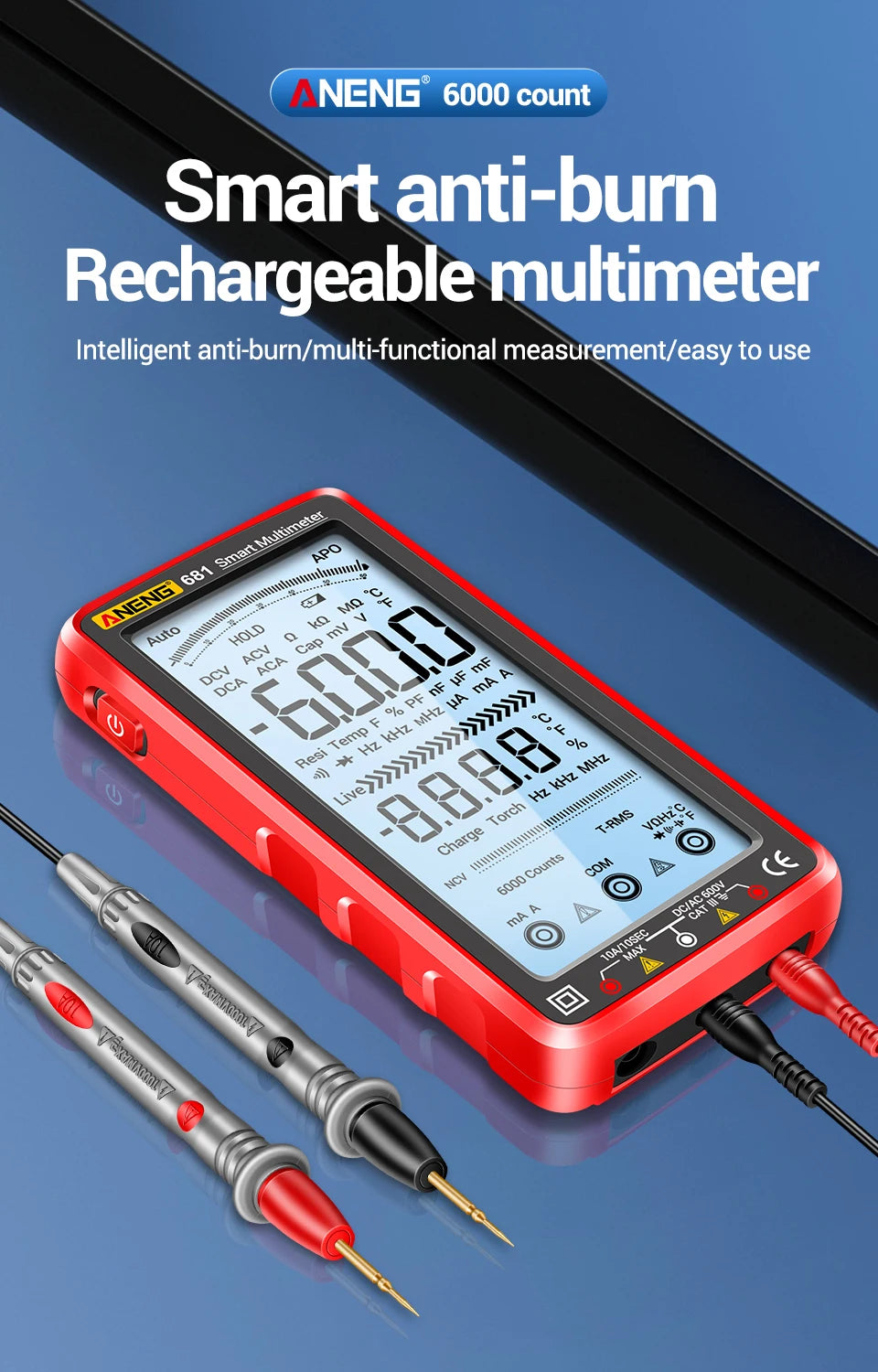 ANENG 681 Rechargable Digital Professional Multimeter Non-contact Voltage Tester AC/DC Voltage Meter LCD Screen Current Tester