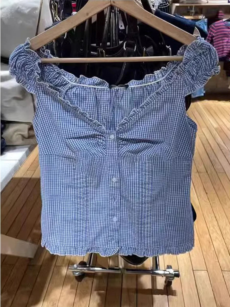 Blue Plaid Fungus T-shirt Women V Neck Single Breasted Puff Sleeve Slim Folds Tee Shirts Summer New Sweet Chic Casual Crop Tops