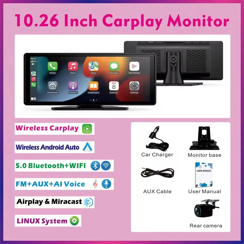 Universal Portable Wireless Carplay Screen for Car with Android Auto Touchscreen Car Stereo System
