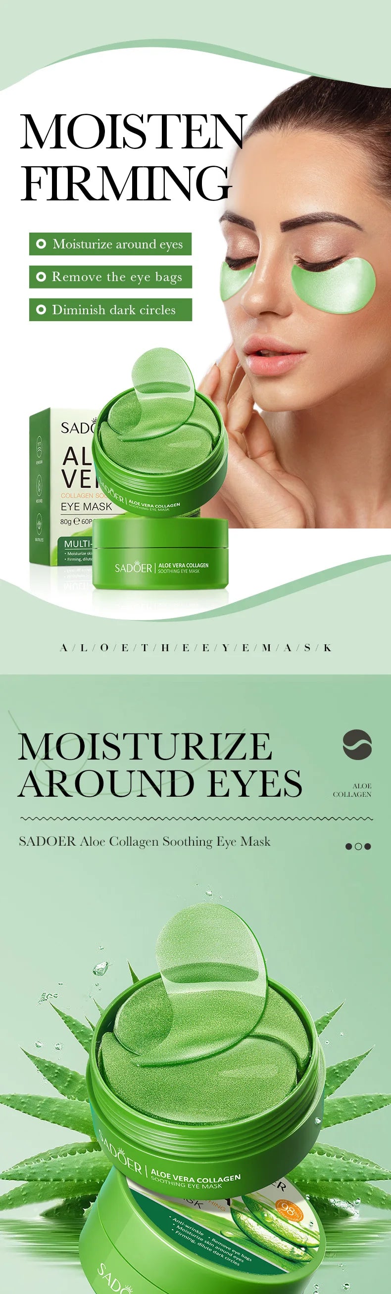 SADOER 60pcs Aloe Vera & Collagen Eye Masks – Anti Dark Circles, Eye Bags & Puffiness | Hydrating & Firming Under-Eye Patches for Women