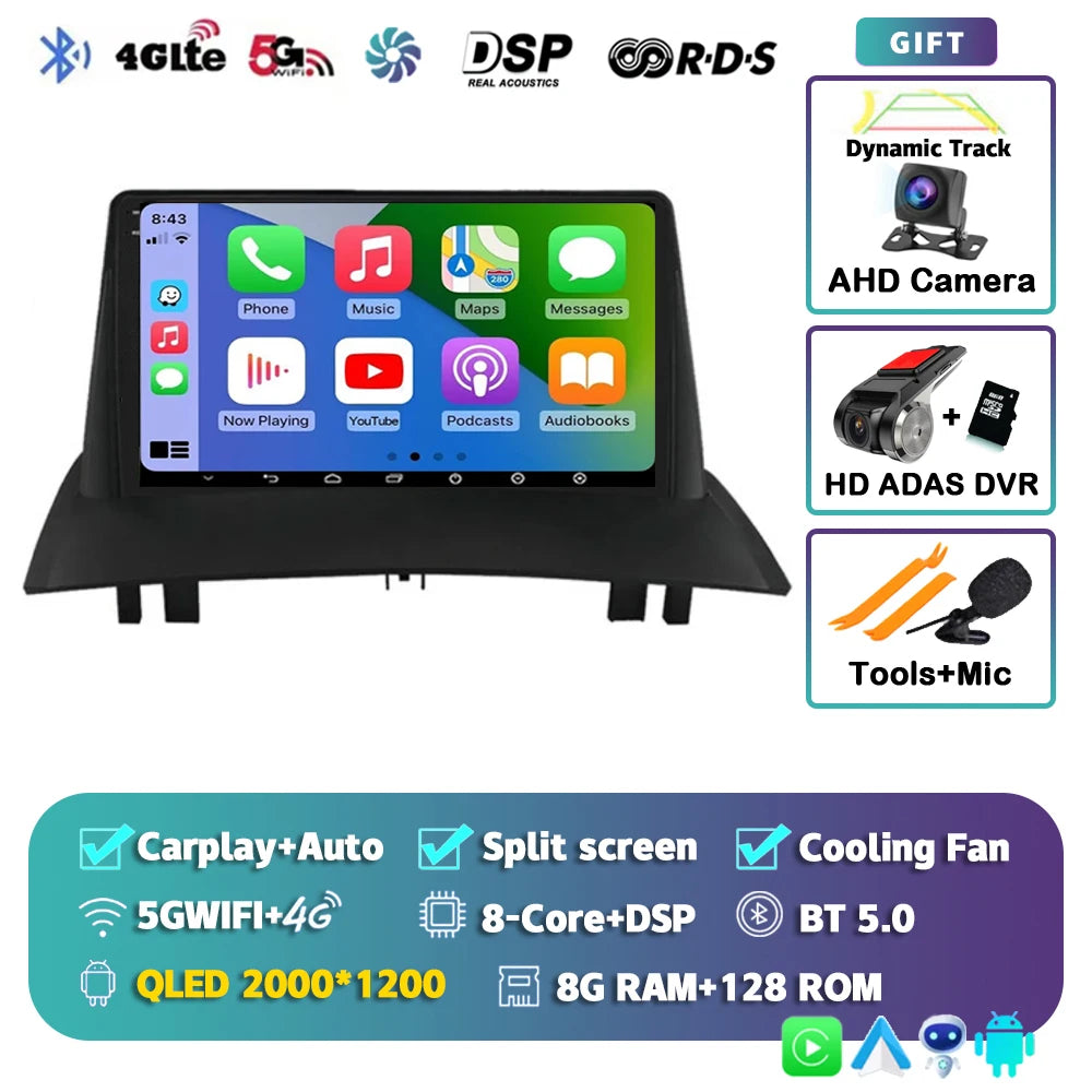 Android 16 For Renault Megane 2 2002-2009 2K QLED Android Car Radio Multimedia Video Player GPS Stereo CarPlay 4G Navigationv BT