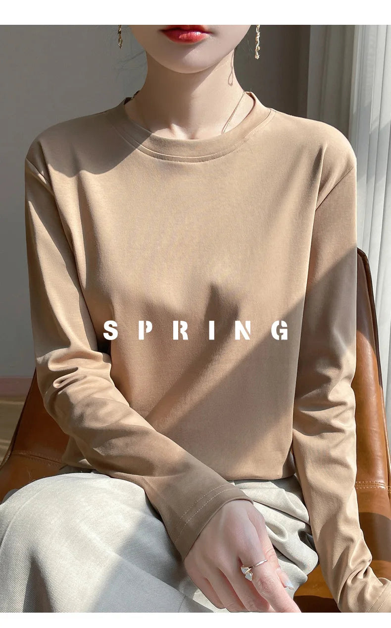 Spring And Summer New Mercerized Cotton Long Sleeve T-shirt Women's Round Neck Loose 100% Cotton Bottoming T-shirt