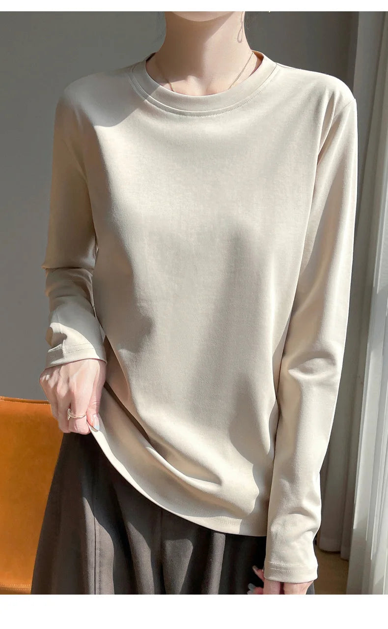 Spring And Summer New Mercerized Cotton Long Sleeve T-shirt Women's Round Neck Loose 100% Cotton Bottoming T-shirt