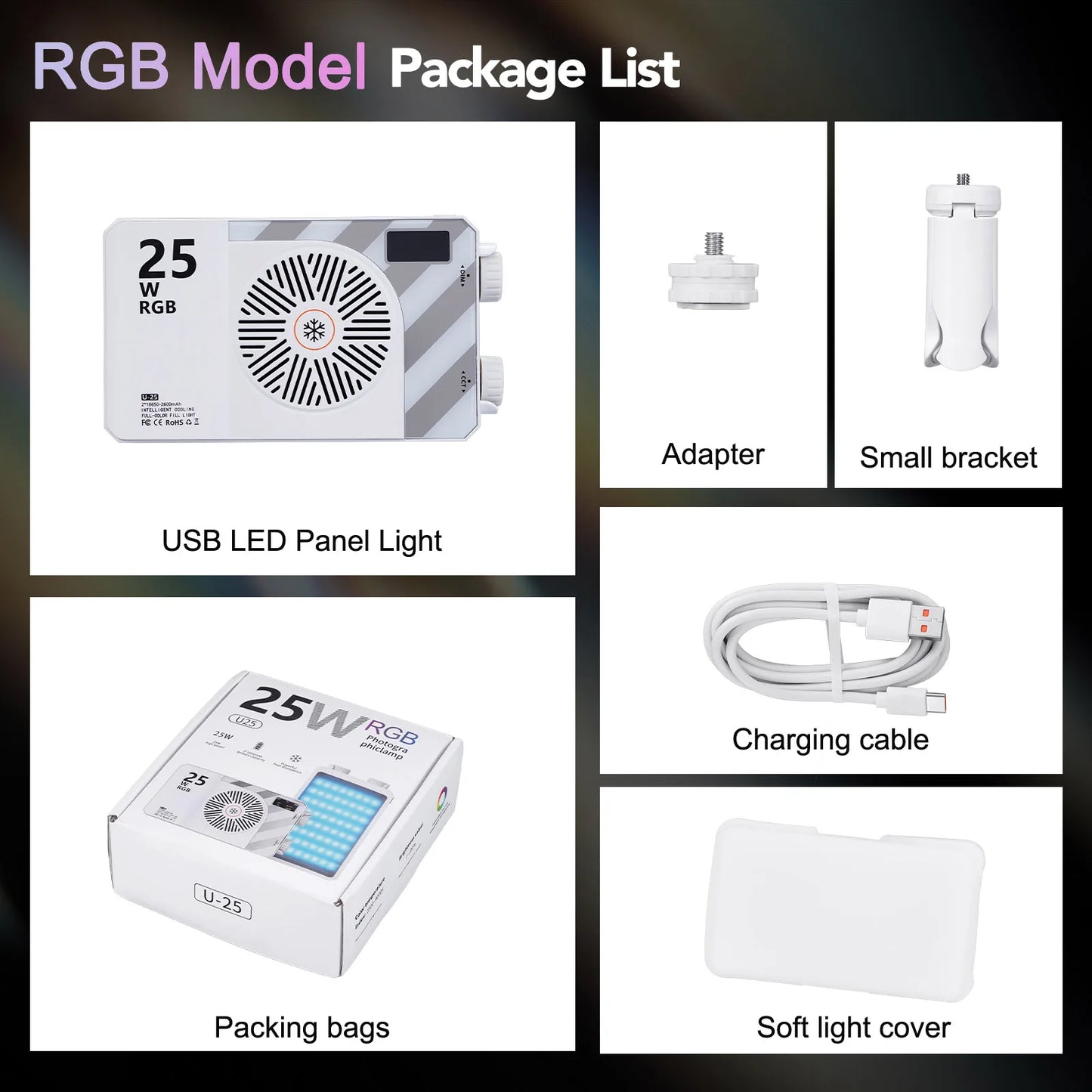 25W RGB LED Camera Light Video Fill Lamp Dimmable 2700K-6200K CRI≥96 TLCI≥97 Built-in 5600mAh Portabl LED Video Light for TK YT