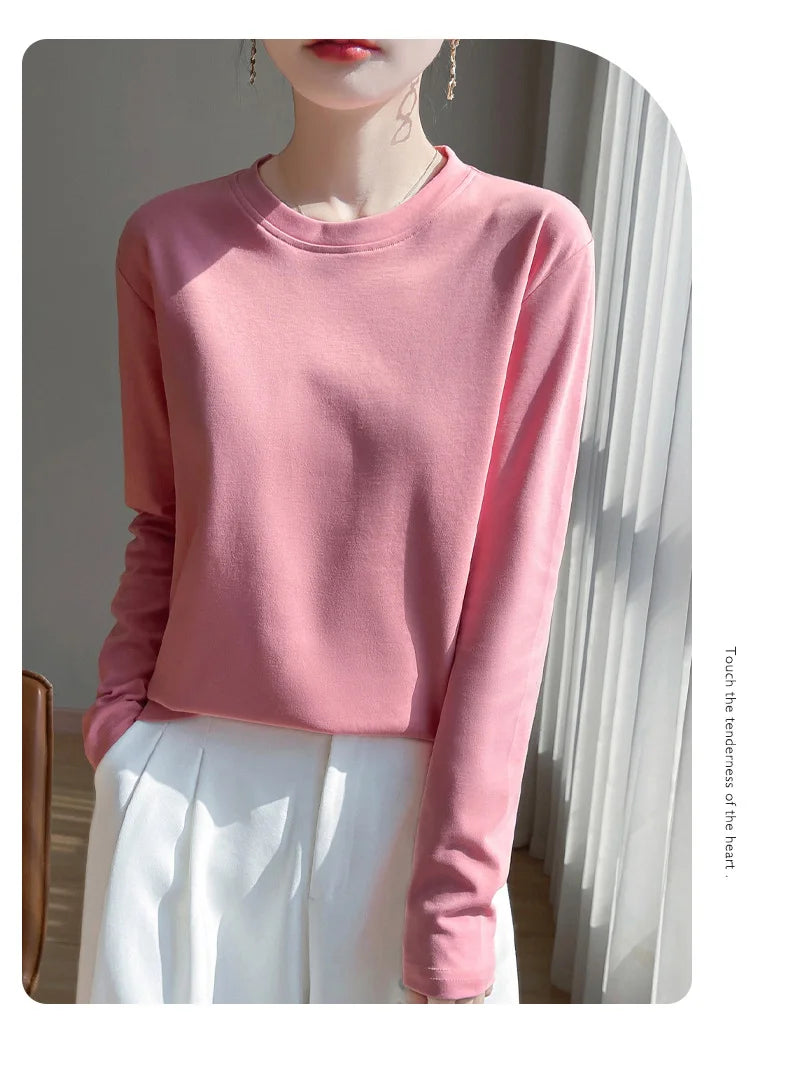 Spring And Summer New Mercerized Cotton Long Sleeve T-shirt Women's Round Neck Loose 100% Cotton Bottoming T-shirt