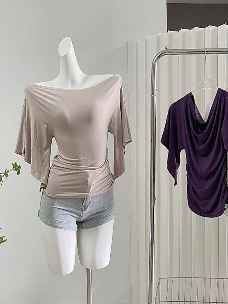 Sexy Summer Off Shoulder T shirt Women Elegant Batwing Short sleeve Cowl Neck Tops Korean Chic Tight Tshirt Lady Tees 2026 New