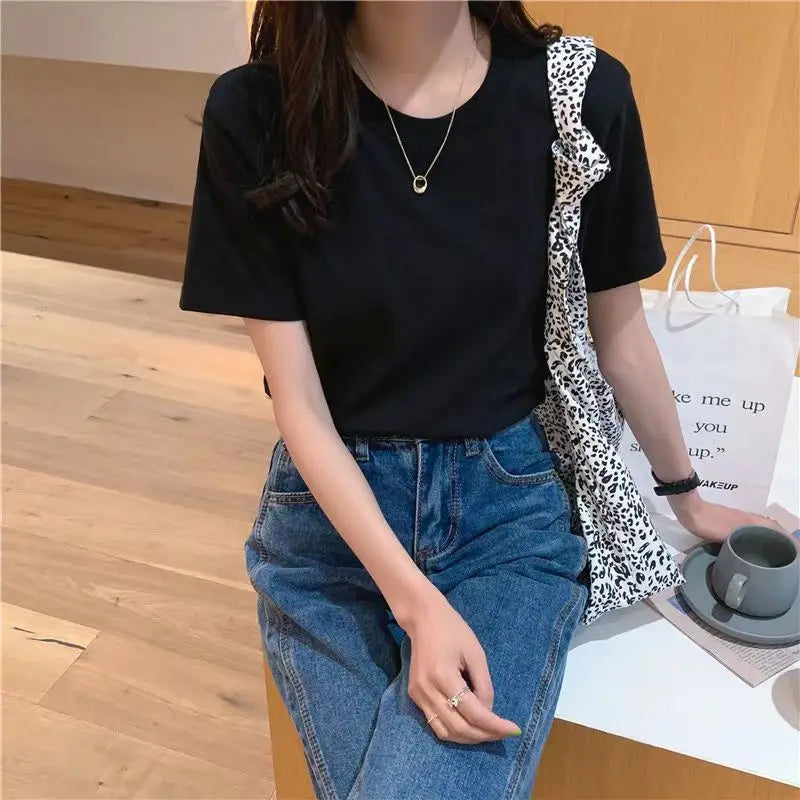 Solid  Women Short Sleeve T Shirt Cotton O Neck Loose Black White Basic Thin Tops Fashion Harajuku Casual Outer Wear T-Shirts