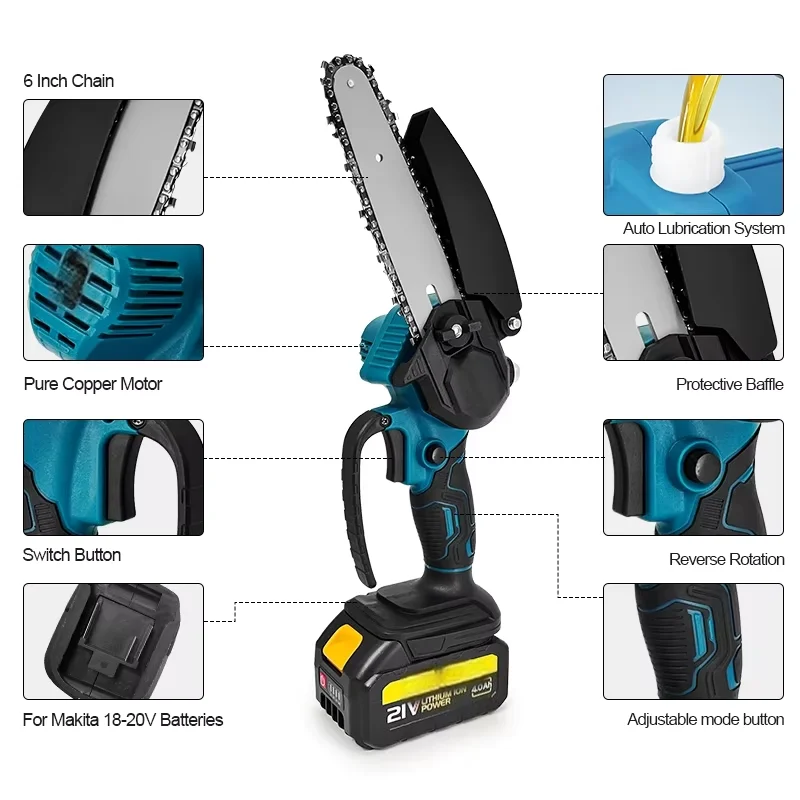 1700RPM 6 Inch Mini Li-Ion Electric Chainsaw One Hand Portable Electric Saw Fit 18V Makita Battery