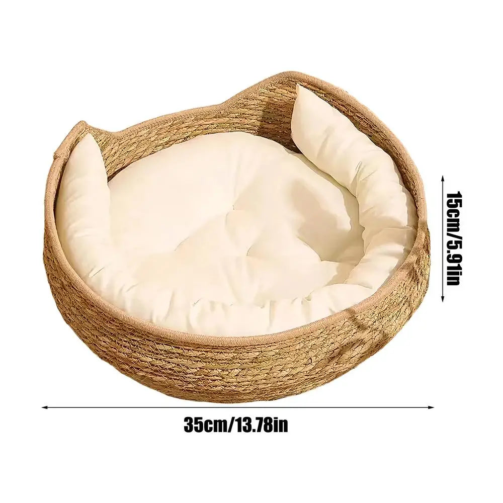 Cat Basket Bed Cotton Rope Woven Cat Bed with Pillow and Cushion All Season Indoor Weaving Pet Resting Scratching Sleeping