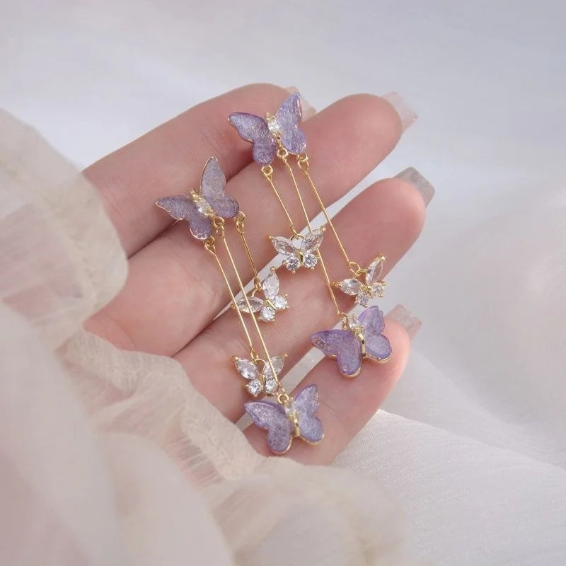 Purple Butterfly Tassel Earrings – Crystal Drop Jewelry