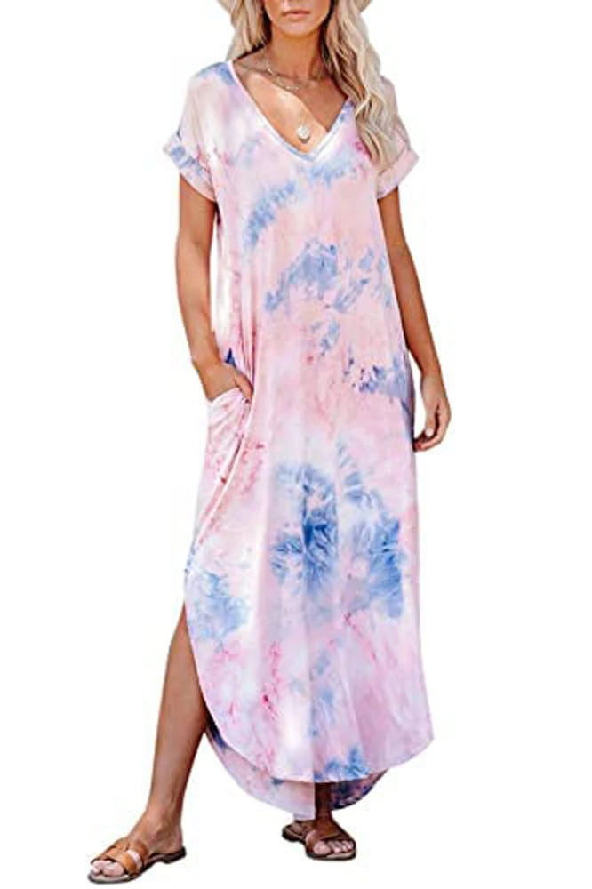 Women's Short Sleeve V-Neck Tie Dye Maxi Dress, Gradient Color Casual Loose Dress with Pockets & Side Slit, Perfect for Beach