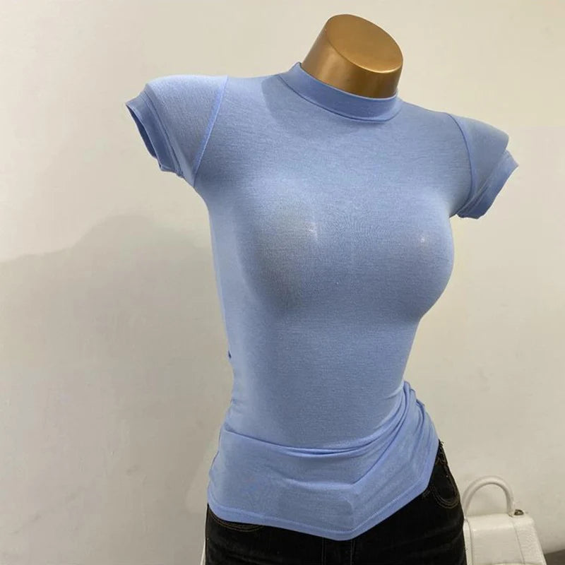Women's Mock-Neck Sheer Tee — Slim Stretch Short-Sleeve Layering Top