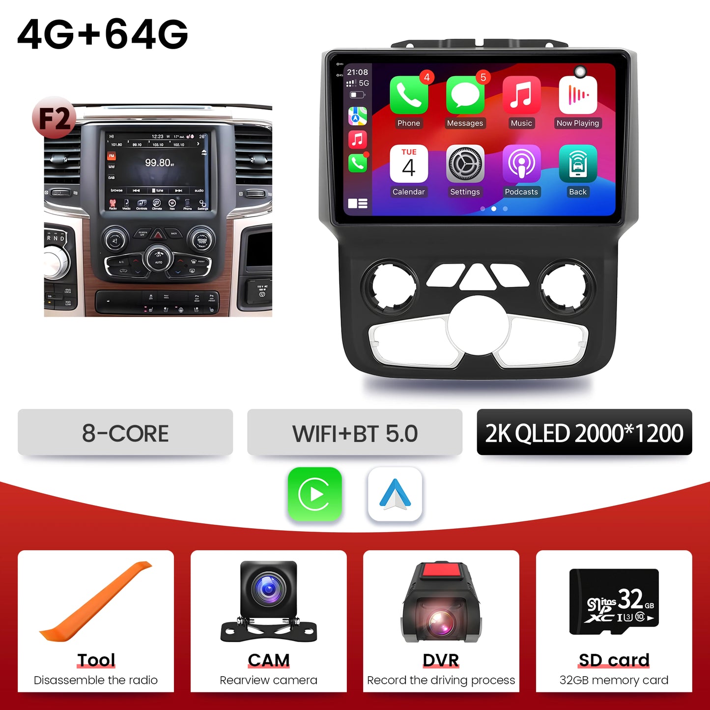 9"  Car Radio For Dodge RAM 1500 2500 2013-2019 Android 16 Wireless BT Carplay Multimedia Navigation Touch 2K QLED Screen