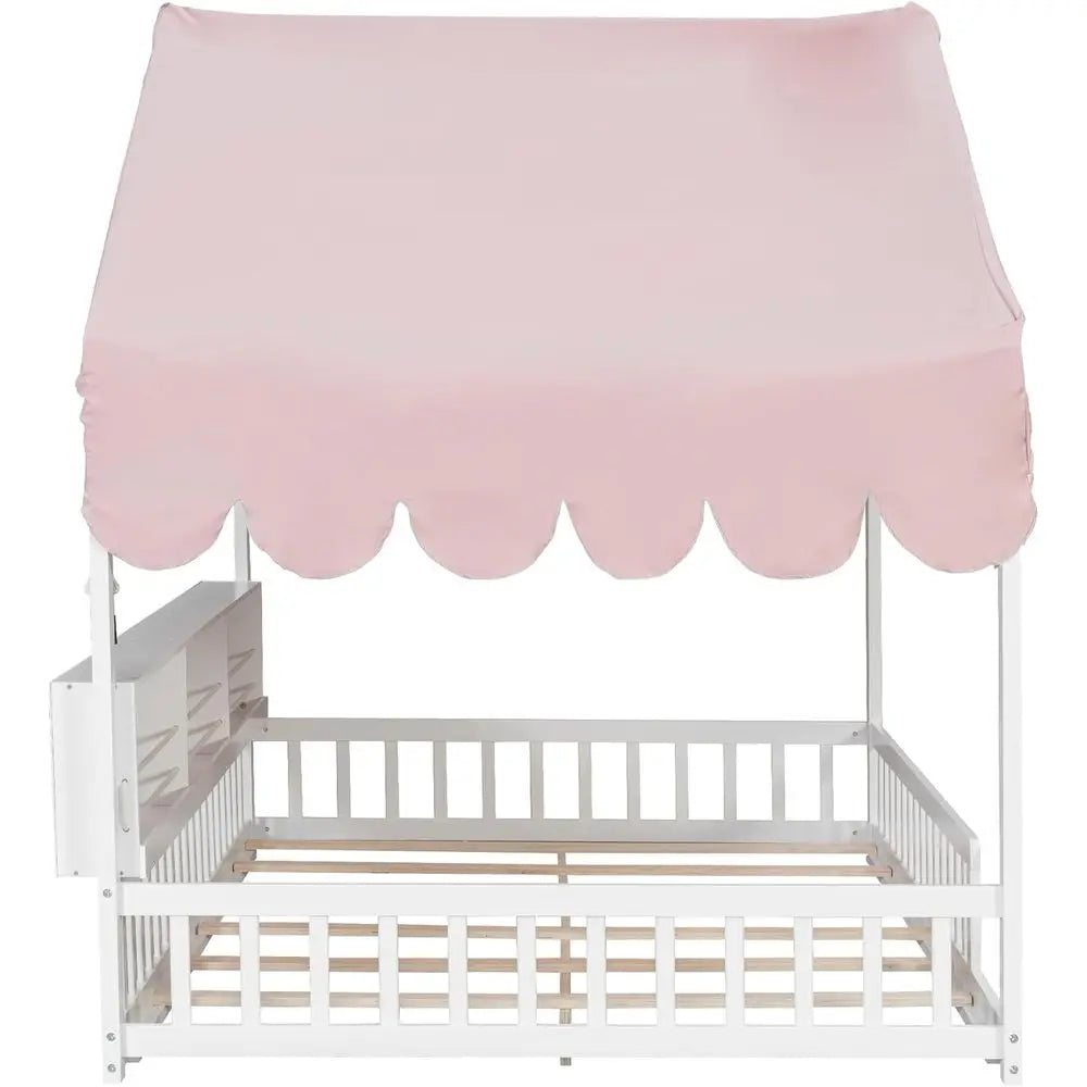Full Size Wooden Loft Bed for Kids with Stairs, Storage Shelves, Curtain, and LED Lights, White & Pink