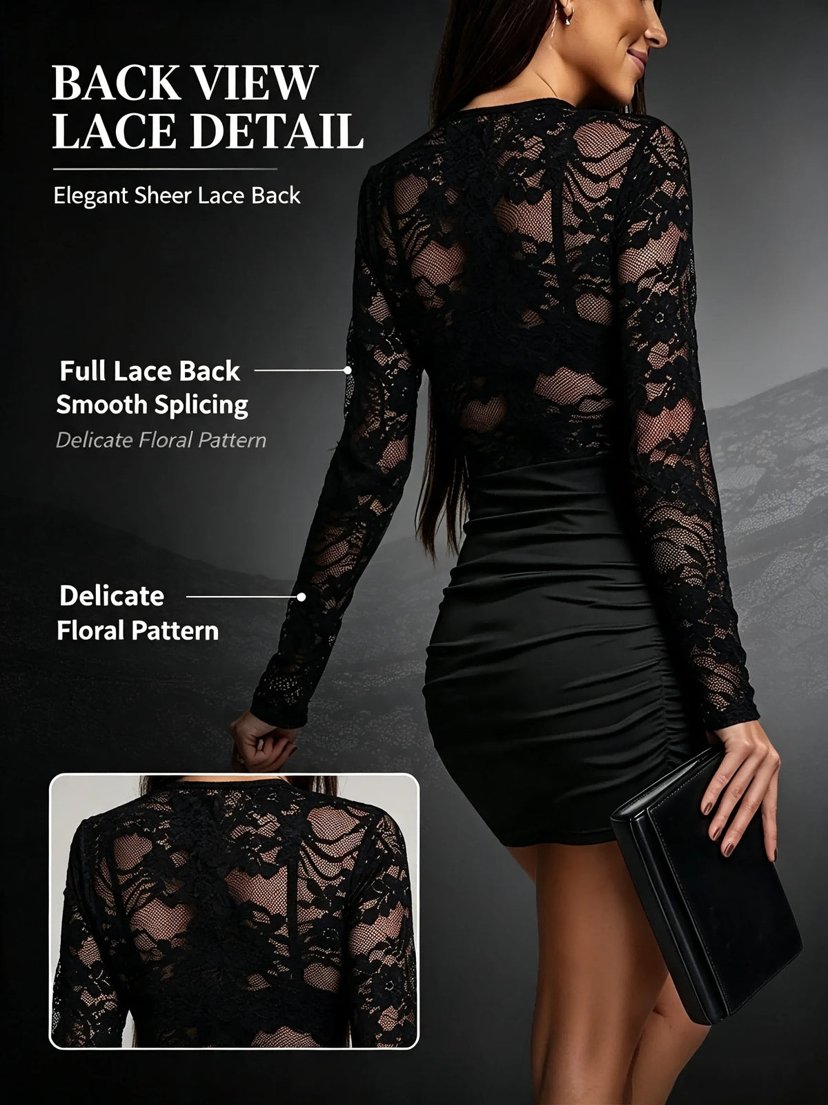 Sexy Black Long Sleeve Sheer Lace Bodycon Dress - Crew Neck Waist Ruched Slim Fit Mini Gown, For Night Club Party Date Outfits