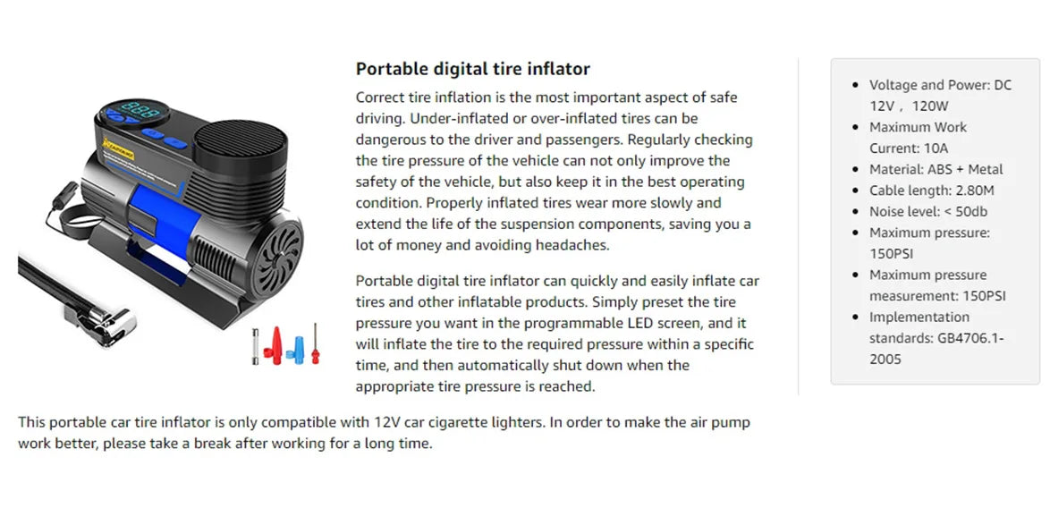 Portable Tire Inflator Air Compressor for Car, DC 12V Auto Tire Pump with Digital Pressure Display