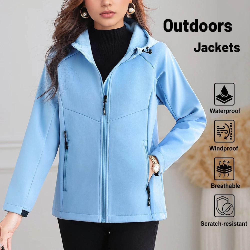 Women's Hooded Fleece Lined Outdoor Jacket - Windproof Hiking Coat