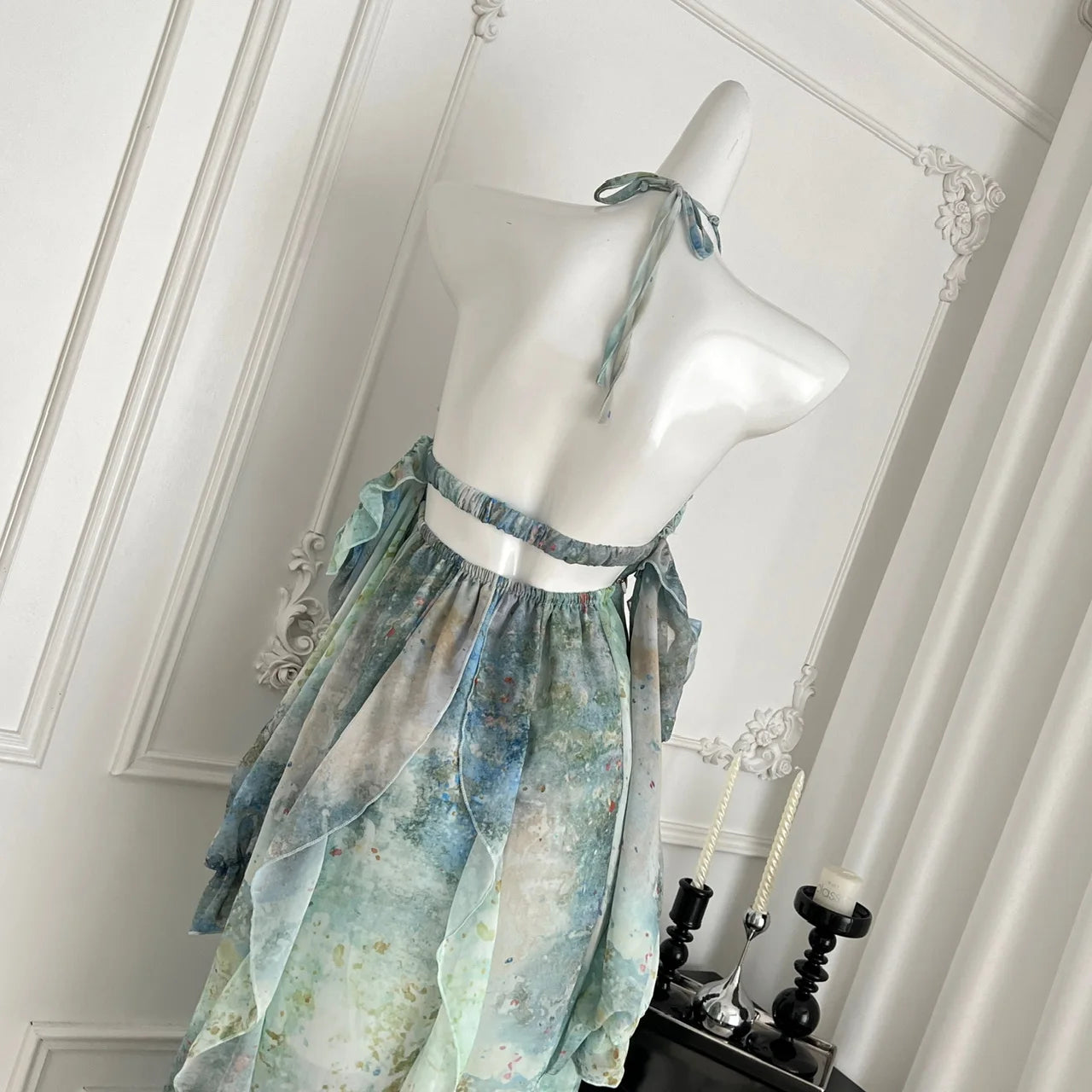 2026 Elegant Halter Neck Ruffled Maxi Dress Women Blue Green Floral Print Bohemian Design Beach Vacation Casual Party Dress New
