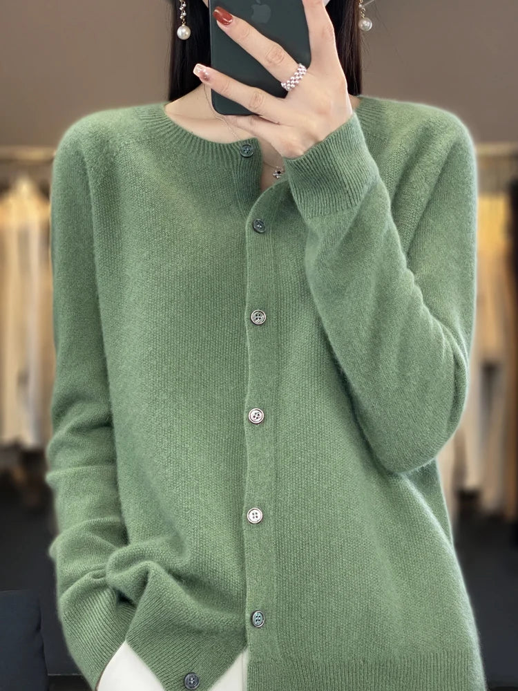 Women Cashmere Sweater 100% Merino Wool Knitted Cardigan Autumn Winter Knitwear O-Neck Female Solid Color Casual Fashion Top