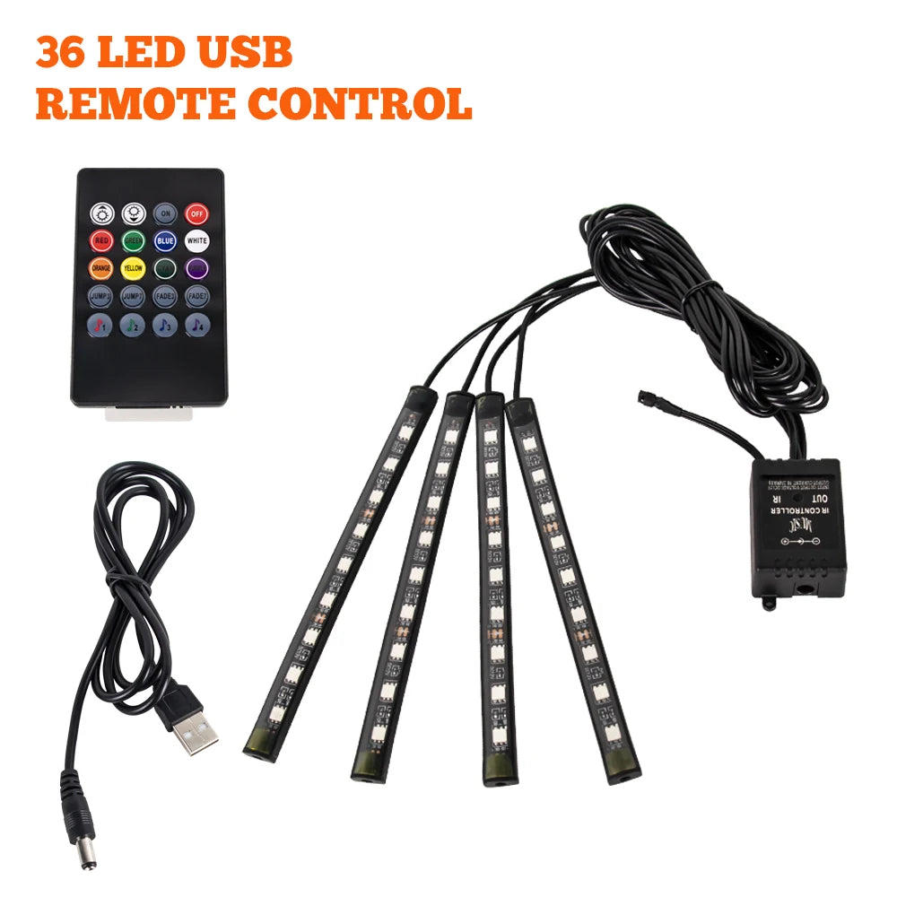 RGB LED Car Interior Ambient Light Strip – 36/48/72 LED Remote & App Music Control | USB or Cigarette Lighter | Atmosphere Foot Light